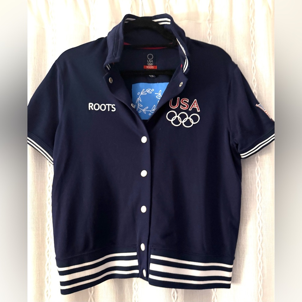 USA Roots Olympics 2004 short sleeve snap front jacket. Sz Lg. Youths